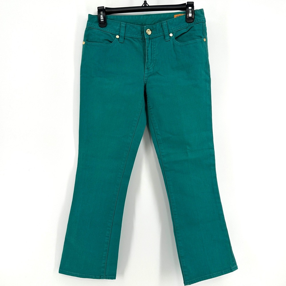 Tory Burch Jeans Women 26 Teal Green Cropped Slim Boot Stretch Denim Designer